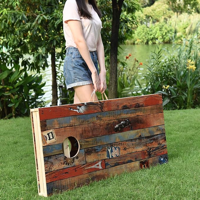 Solid Wood Vintage Cornhole Game Set, Two 4'x2'Cornhole Boards, 8 Cornhole Bags for Indoor and