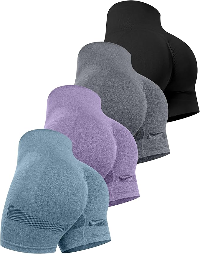 CHRLEISURE Women's 4 Packs Workout Gym Shorts, High Waisted Butt Lifting Scrunch Butt Seamless