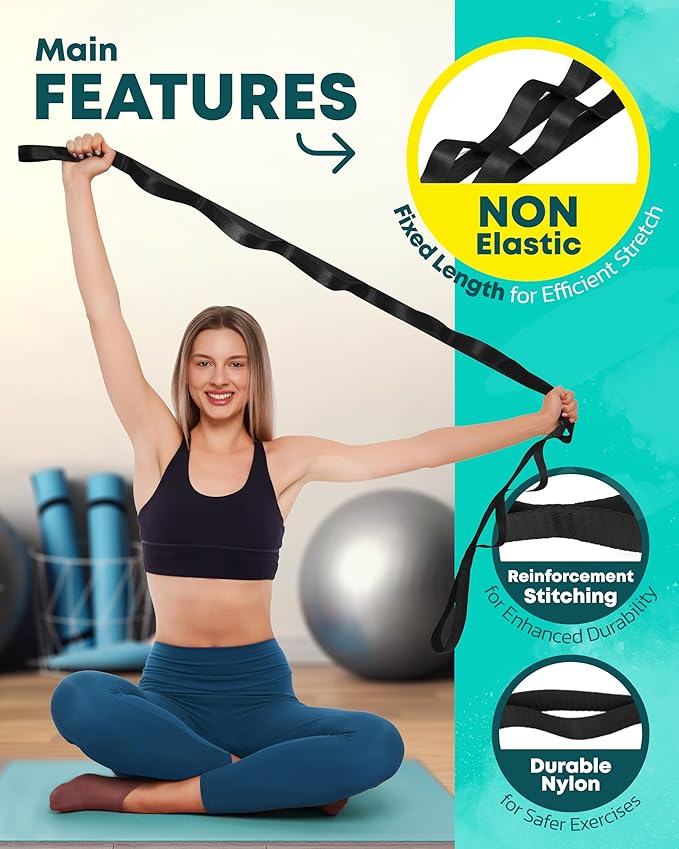Stretching Strap Non Elastic Yoga Strap with Loops - Stretching Band for Physical Therapy, Stretch