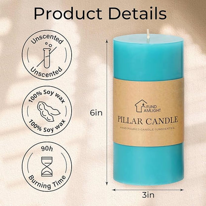 3x6 Inch Blue Pillar Candles Set of 3 - Unscented Pillar Candles, Long Burning Dripless Candles for