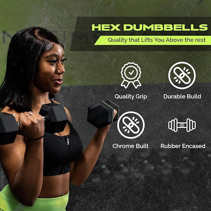 Rubber Coated Dumbbells - No Roll Design Easy-Grip Steel Knurled Handle, Weights Dumbbells Set for