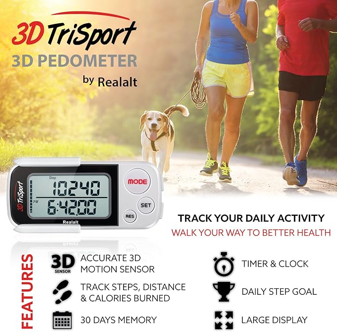 3DTriSport Walking 3D Pedometer with Clip & Strap, eBook Included | 30 Days Memory, Accurate Step