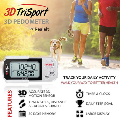 3DTriSport Walking 3D Pedometer with Clip & Strap, eBook Included | 30 Days Memory, Accurate Step