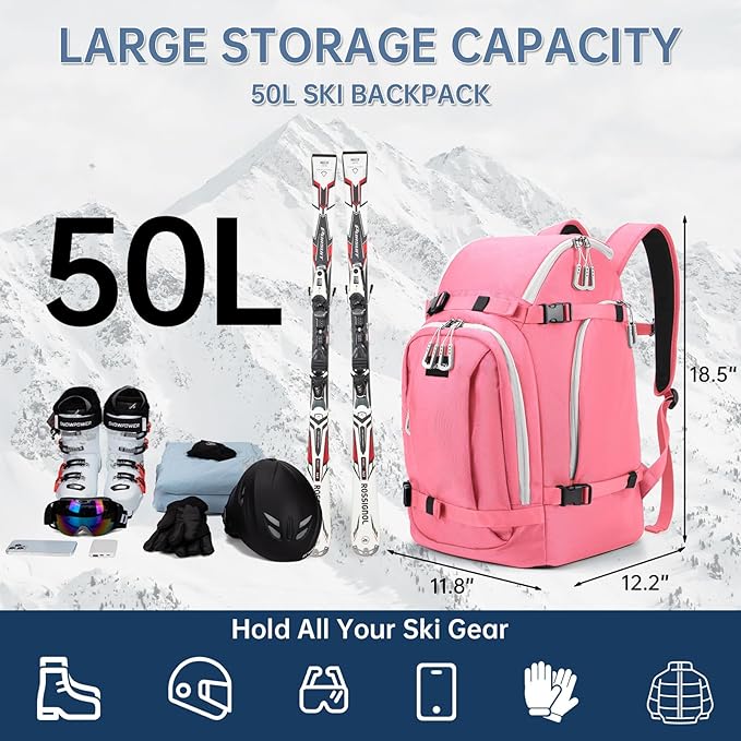 Ski Boot Bag, 50L Ski Boot Travel Backpack for Skis, Snowboard & Accessories, Waterproof Padded Ski