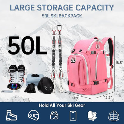 Ski Boot Bag, 50L Ski Boot Travel Backpack for Skis, Snowboard & Accessories, Waterproof Padded Ski