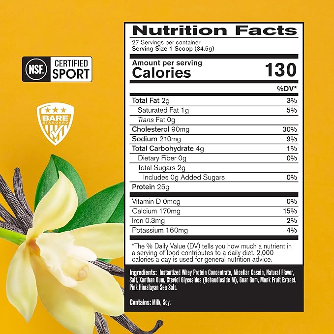 BARE PERFORMANCE NUTRITION, BPN Whey Protein + Casein Protein Powder Blend, Vanilla, 25g Protein