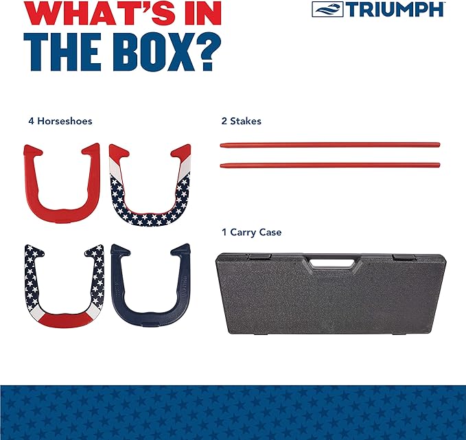 Triumph Forged and Steel Horseshoe Set Complete with 4 Horseshoes, 2 Stakes - Patriotic or Blue and