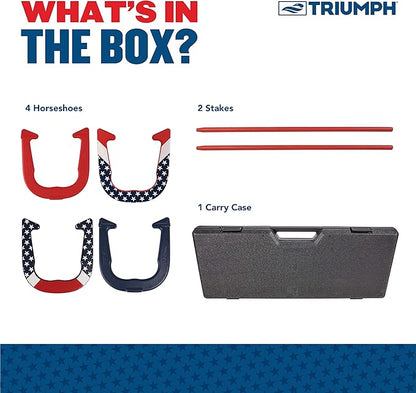 Triumph Forged and Steel Horseshoe Set Complete with 4 Horseshoes, 2 Stakes - Patriotic or Blue and