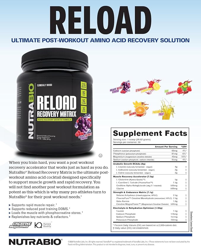 NutraBio Reload - Powerful Muscular Recovery Formula - Post-Workout Supplement - 3G Creatine - 8G