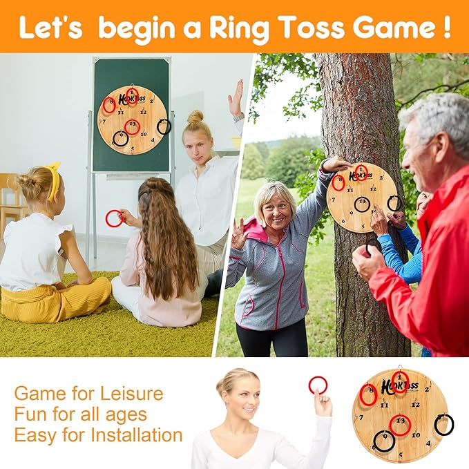 Hook Game Ring Toss for Adults & Kids, Wooden Board Dart Wall Game, Outdoor Indoor Games for Family