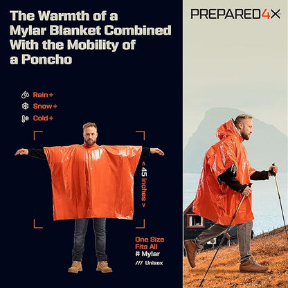 PREPARED4X Emergency Poncho and Mylar Blanket Liner - Waterproof, Wind-Resistant Outdoor Rain