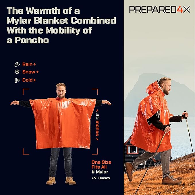 PREPARED4X Emergency Poncho and Mylar Blanket Liner - Waterproof, Wind-Resistant Outdoor Rain