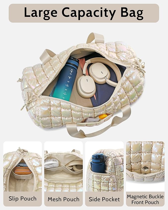 Quilted Duffel Bag for Women, Puffer Gym Duffle Bag with Shoe Compartment Lightweight Large