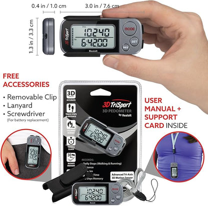 3DTriSport Walking 3D Pedometer with Clip & Strap, eBook Included | 30 Days Memory, Accurate Step