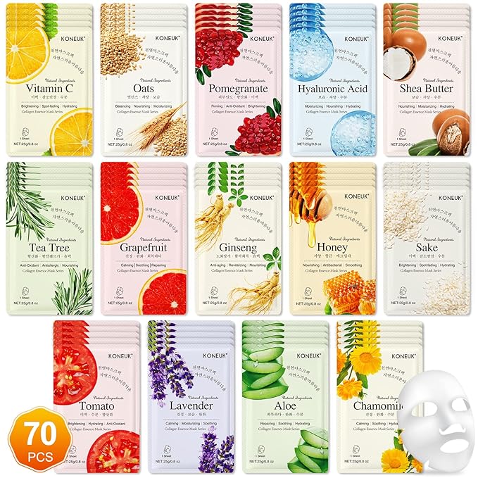 70 Pack Sheet Face Masks Skincare, Hydrating Face Masks Suitable for All Skin Types, Bulk Facial