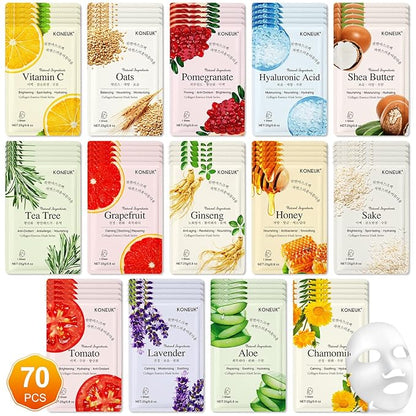 70 Pack Sheet Face Masks Skincare, Hydrating Face Masks Suitable for All Skin Types, Bulk Facial