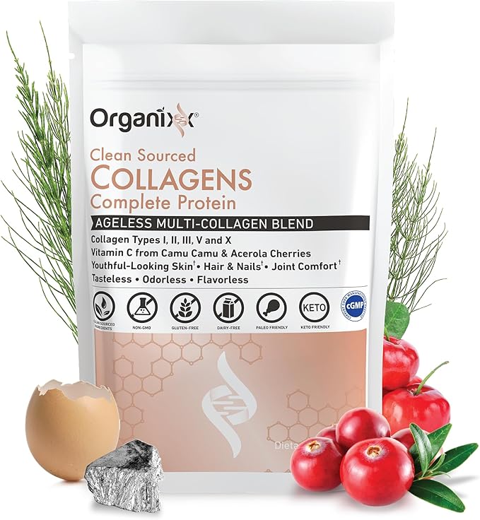 Organixx Collagen Peptides Powder with Vitamin C, Types I, II, III, V, X Hydrolyzed Collagen, Hair