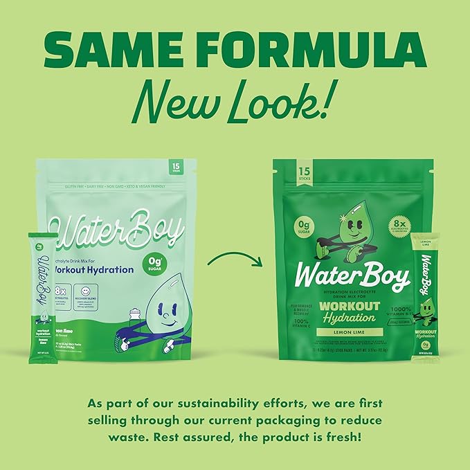 Waterboy Workout Hydration | 2,960mg Sugar Free Electrolyte Powder Packets | L-Glutamine + Vitamins