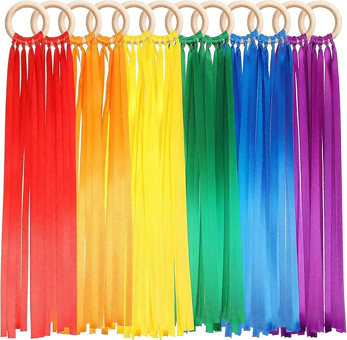 Deekin 12 Pcs Rainbow Ribbon Wooden Waldorf Toys Creative Waldorf Hand Kite Set Streamers with Wood