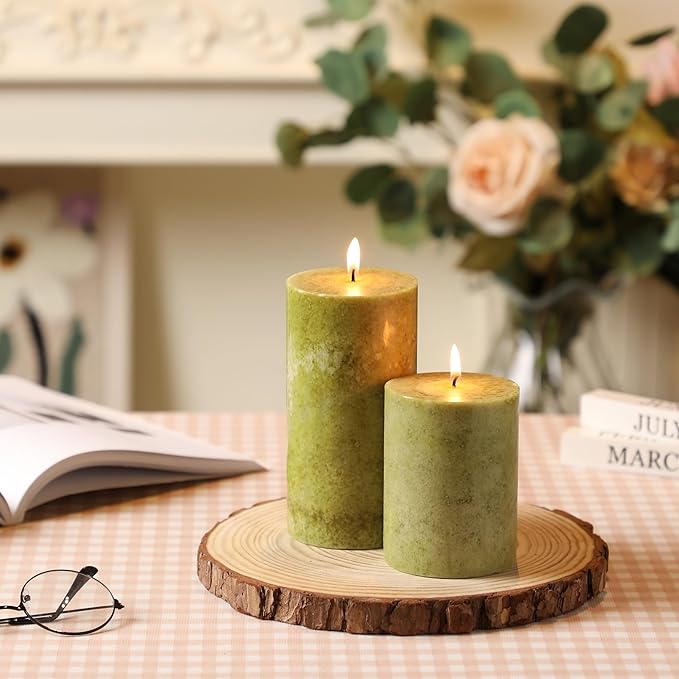 3x4 inch Green Pillar Candles Set of 3, Unscented Pillar Candle, Dripless and Smokeless Large