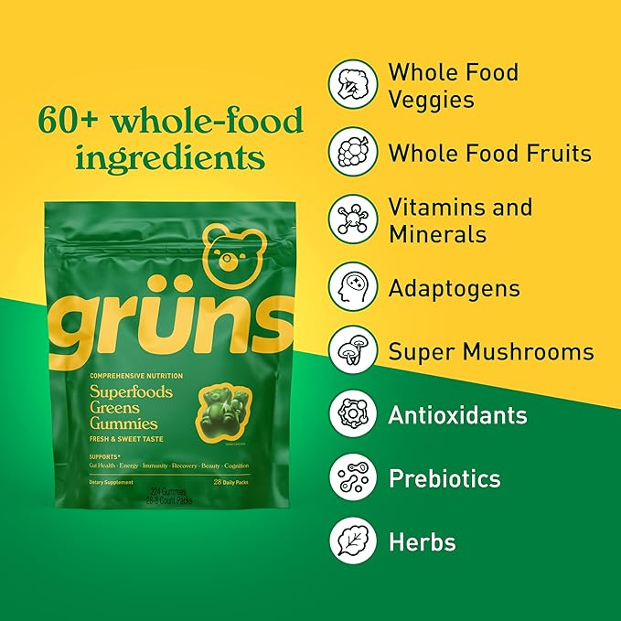 Gruns Adults Super Greens Gummies, Multivitamin Superfood Gummy Bears with Spirulina, Chlorella