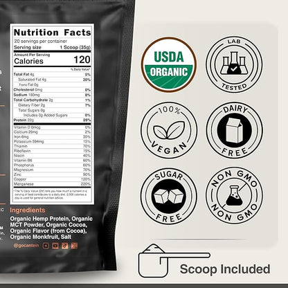 Organic Hemp Protein Powder, Plant Based and Vegan Protein Shake, Lactose and Dairy Free, Gluten