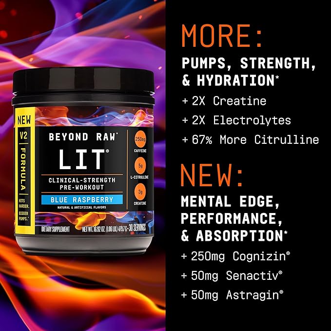 BEYOND RAW LIT V2 Clinical Strength Pre Workout Powder, Hits Harder, Bigger Pumps, Caffeine