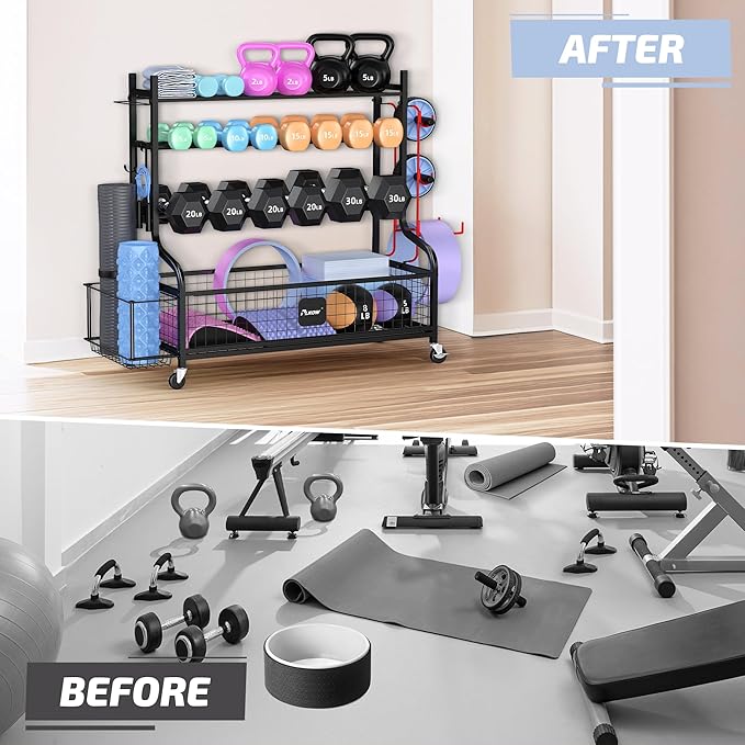 PLKOW Dumbbell Rack, Weight Rack for Dumbbells, Home Gym Storage for Dumbbells Kettlebells Yoga Mat