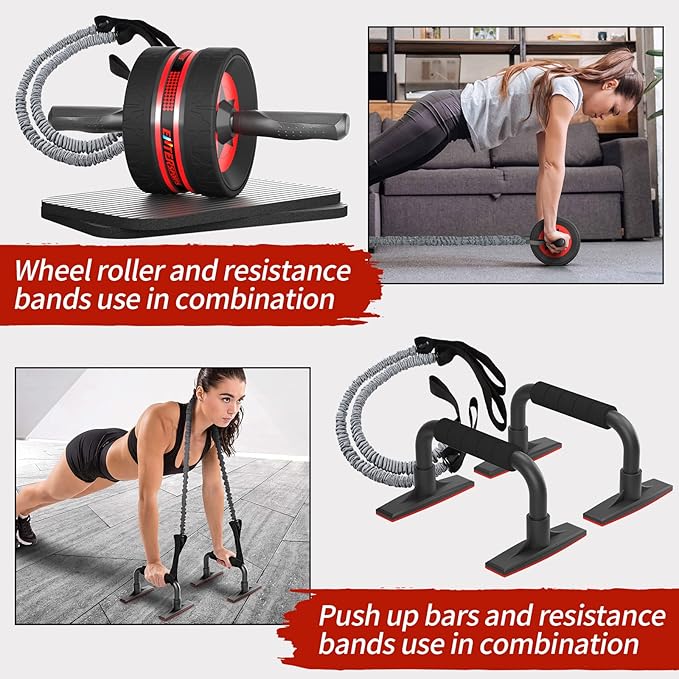 Ab Rollers Wheel Kit, Exercise Wheel Core Strength Training Abdominal Roller Set with Push Up Bars