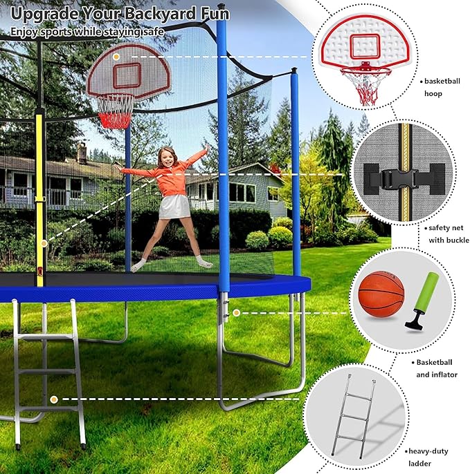 Upgraded 10/12/14/15/16FT Trampoline Outdoor, Large Kids Trampoline with Light, Stakes, Sprinkler