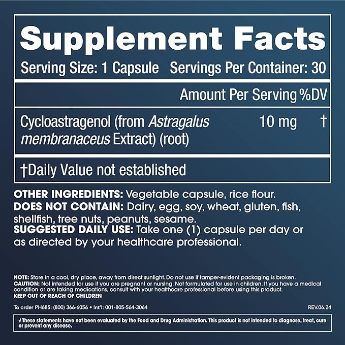 Cycloastragenol Supplement, 10 mg per Serving | Science-Backed to Support Telomere Length, DNA