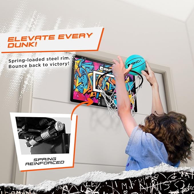 AND1 Over the Door Mini Basketball Hoop: 18x12 Shatterproof Backboard, 2 Mini Basketballs, and Hand