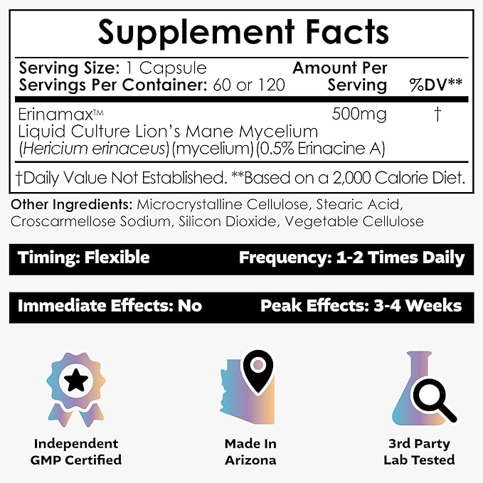 Nootropics Depot Erinamax Lion's Mane 500mg Capsules | Liquid Culture Mycelium | 2.5mg Erinacine A