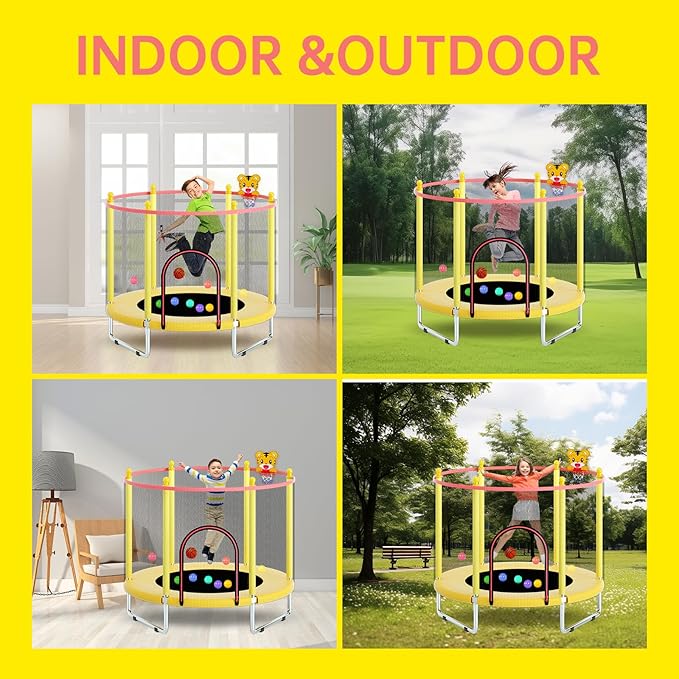 55" Trampoline for Kids, Telawah Indoor/Outdoor Mini Baby with Safety Enclosure Net, Adjustable