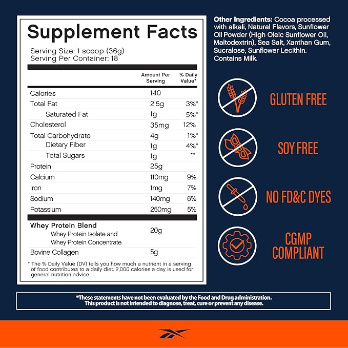 Reebok Whey Protein Powder + Collagen Peptides | 25g Protein with 9 Essential Amino Acids | Muscle