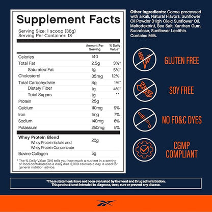 Reebok Whey Protein Powder + Collagen Peptides | 25g Protein with 9 Essential Amino Acids | Muscle
