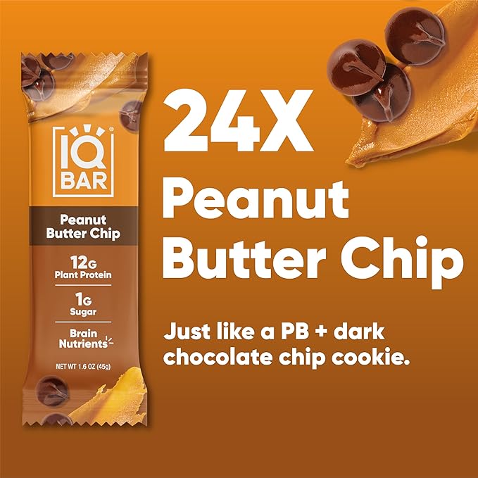 IQBAR Brain and Body Plant Protein Bars - Peanut Butter Chip - 24-Count Low Carb - Gluten Free