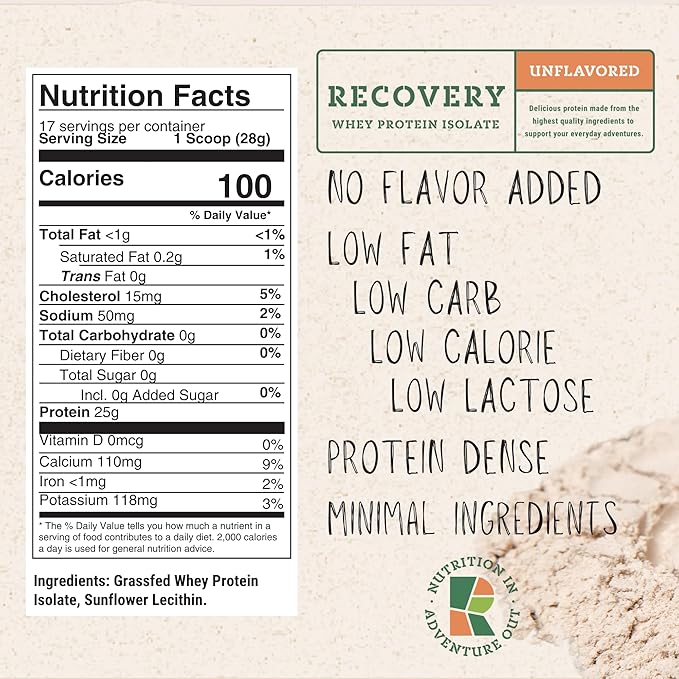 Whey Protein Isolate - Grass-Fed Protein Powder for Recovery - 22g of Protein - 17 Servings (One