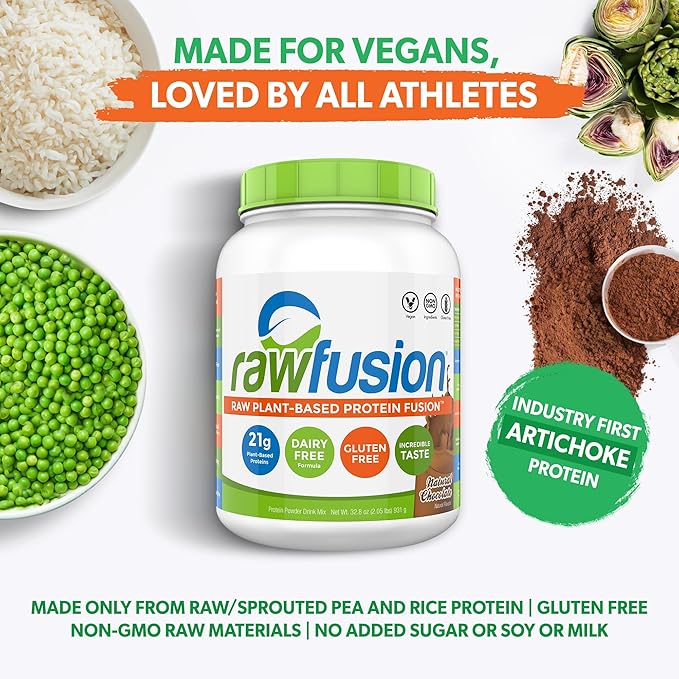 Rawfusion- Vegan Protein Powder, Natural Chocolate - 30 Servings, 21g of Plant Based Protein, Low