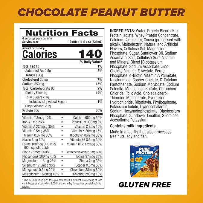 Pure Protein Chocolate Peanut Butter,Ready to Drink and Keto-Friendly, Vitamins A, C, D, and E Plus