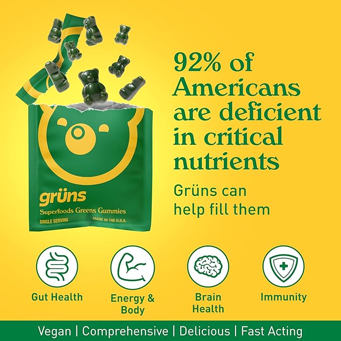 Gruns Adults Super Greens Gummies, Multivitamin Superfood Gummy Bears with Spirulina, Chlorella