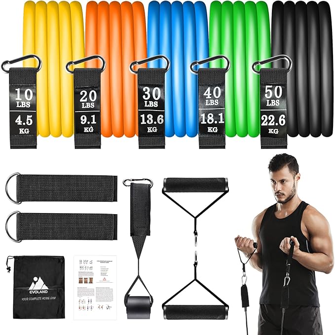 Resistance Bands Set, Workout Bands with Handles, Door Anchor, Ankle Straps and Carry Bag, Exercise