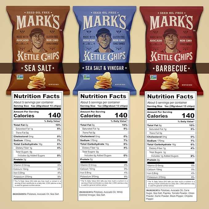 MARK’S Kettle Cooked Avocado Oil Potato Chips, Variety Pack – Seed Oil & GMO Free | 3-Flavor