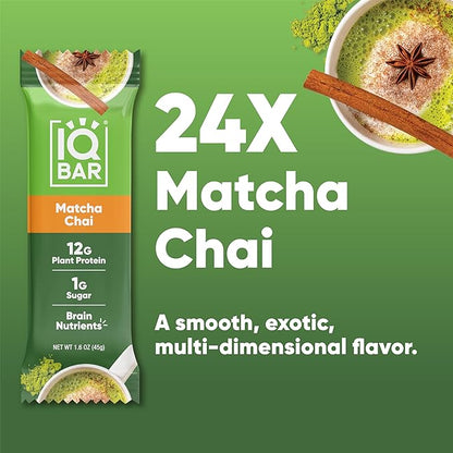 IQBAR Brain and Body Plant Protein Bars - Matcha Chai - 24-Count Low Carb - Gluten Free, High