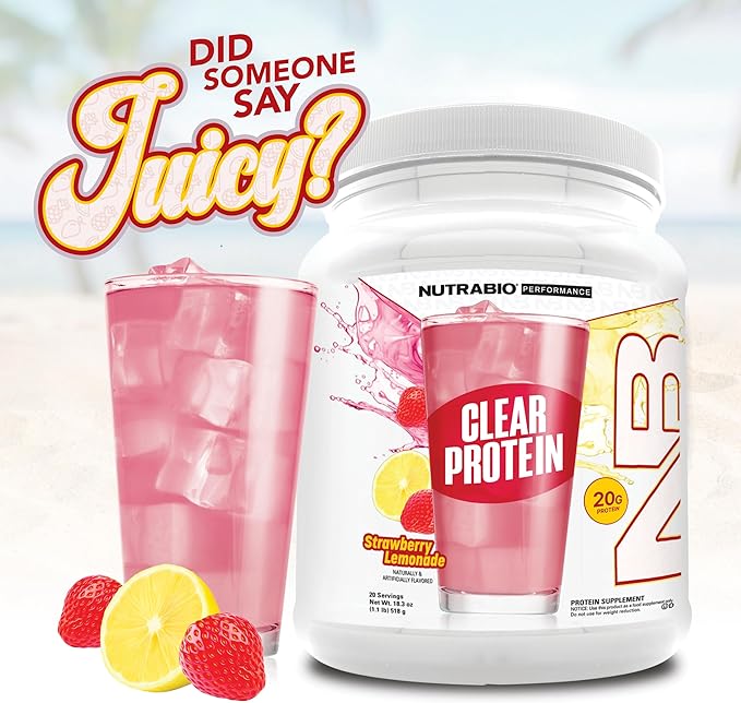 NutraBio Clear Protein Powder, Strawberry Lemonade - 20 Servings, 20g Clear Whey Protein Isolate, 0