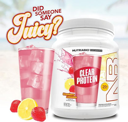 NutraBio Clear Protein Powder, Strawberry Lemonade - 20 Servings, 20g Clear Whey Protein Isolate, 0