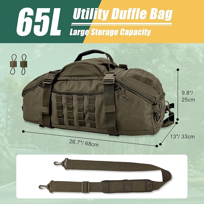 65L Large Travel Gym Duffle Bag with Tensile Strength Pom Buckle Military Tactical Backpack, Army