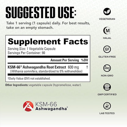 NutraBio Ashwagandha KSM-66 | Ashwaganda Herbal Supplement for Stress, Mood, & Performance | 600 MG