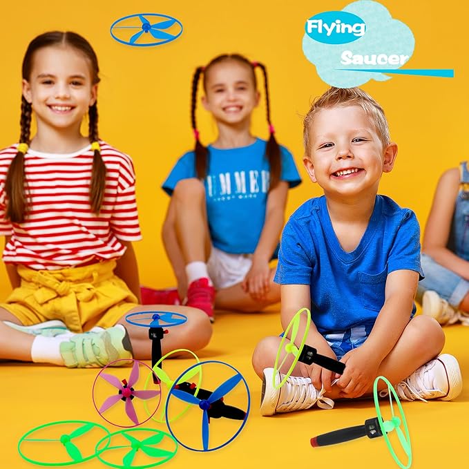 48 Pcs Flying Saucer Flying Disc Toy Helicopter Toy Disco Flyers Include 16 String Launchers and 32