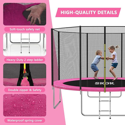 SKOK Trampoline 8FT 10FT 12FT 14FT 15FT Trampolines with Enclosure Net, 400LBS Outdoor Trampolines
